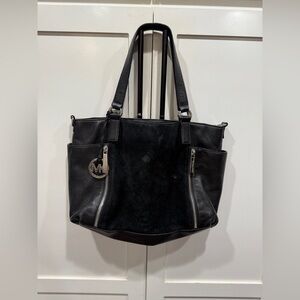 Michael Kors Black Pebbled Leather and Suede Tote with Silver Hardware